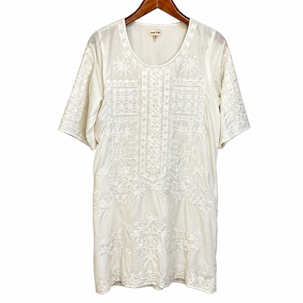 Anthropologie Meadow Rue Ivory Embroidered Cotton Silk Shift Dress Small